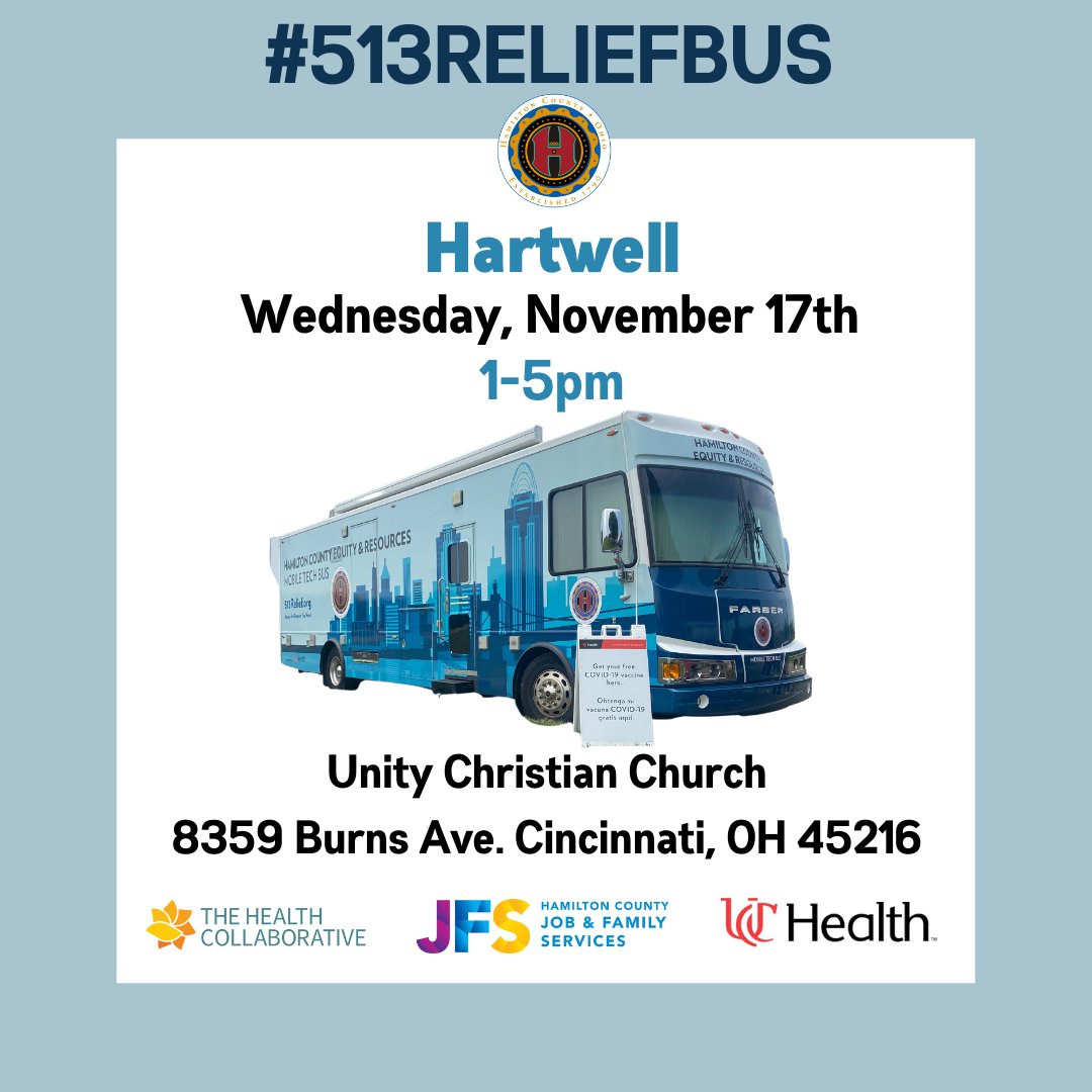 513Relief's tweet photo. In one hour, the bus will be stopping in Hartwell from 1-5pm!
Come on out so you can take advantage of the FREE resources @hamiltoncojfs and @hamcohealth are providing.
Visit https://t.co/YNZDiQYHFO for the full list of stops and resources!
#513Relief #513reliefbus https://t.co/UFp7RYiD35