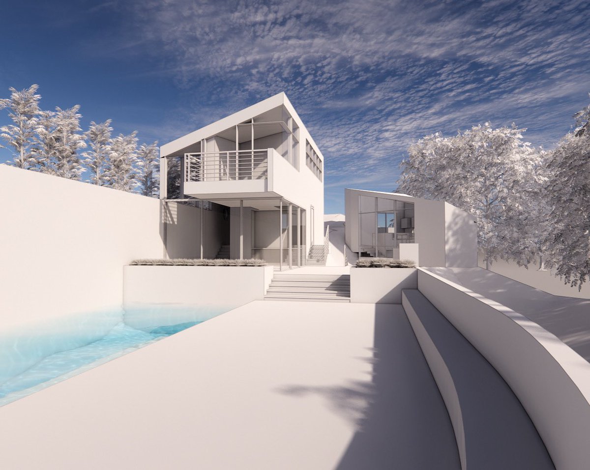 Studies of the Monument Residence from the pool deck looking towards the hillside pool and guest house buildings. The design must work when all finish materials are taken away to know the spaces are of the highest quality. No finish can save a poorly conceived design. 
#pali