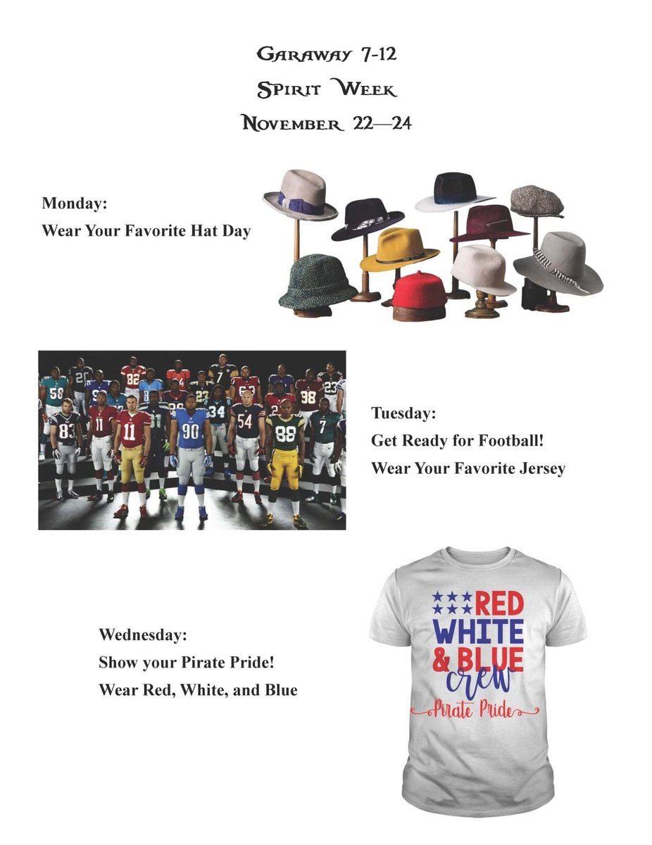 GarawayStudents's tweet photo. Be sure to participate in Spirit Week next week!! https://t.co/Td7CyUTYym