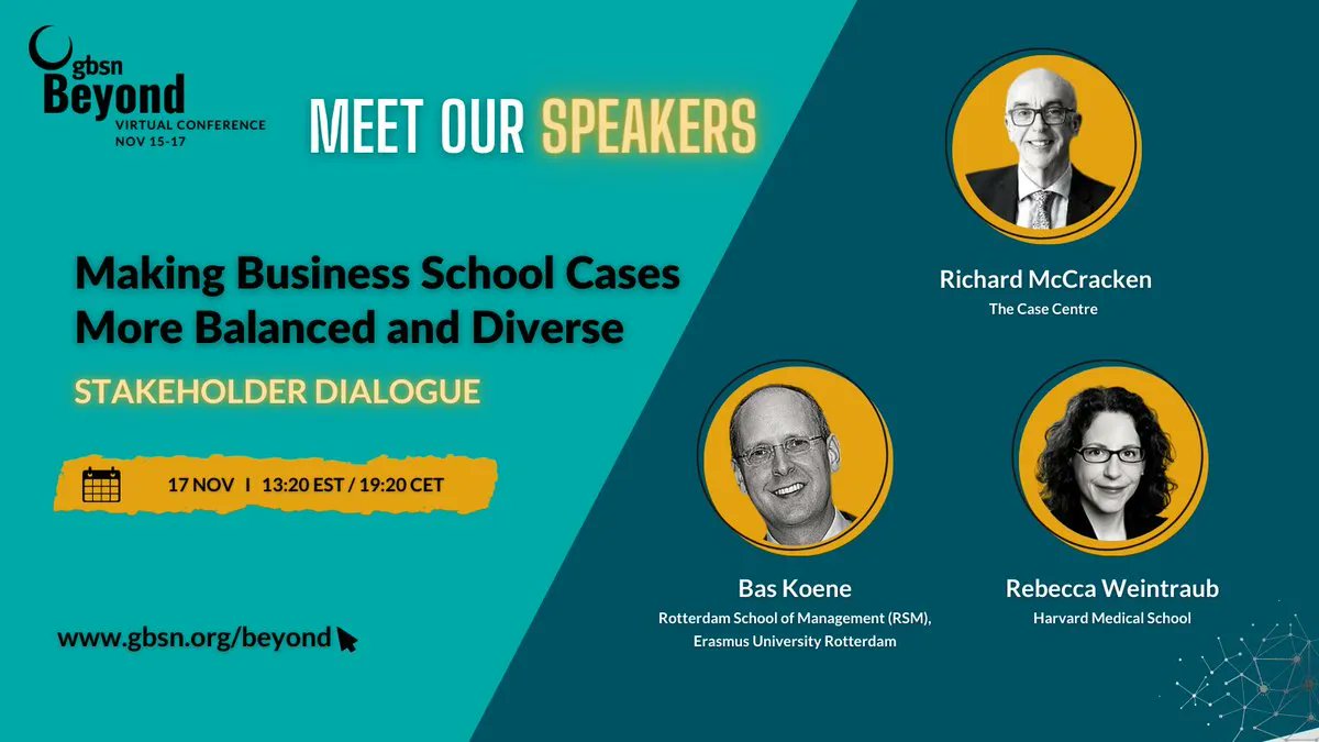 TheCaseCentre's tweet photo. .@cases_richard will shortly be leading an online stakeholder dialogue discussion on 'Making Business School Cases More Balanced and Diverse' at #GSBNBeyond.

Richard will be speaking with @harvardmed's @RWeintraubMD and @RSMErasmus' Bas Koene.

🗣 https://t.co/SO50hc2Zvm