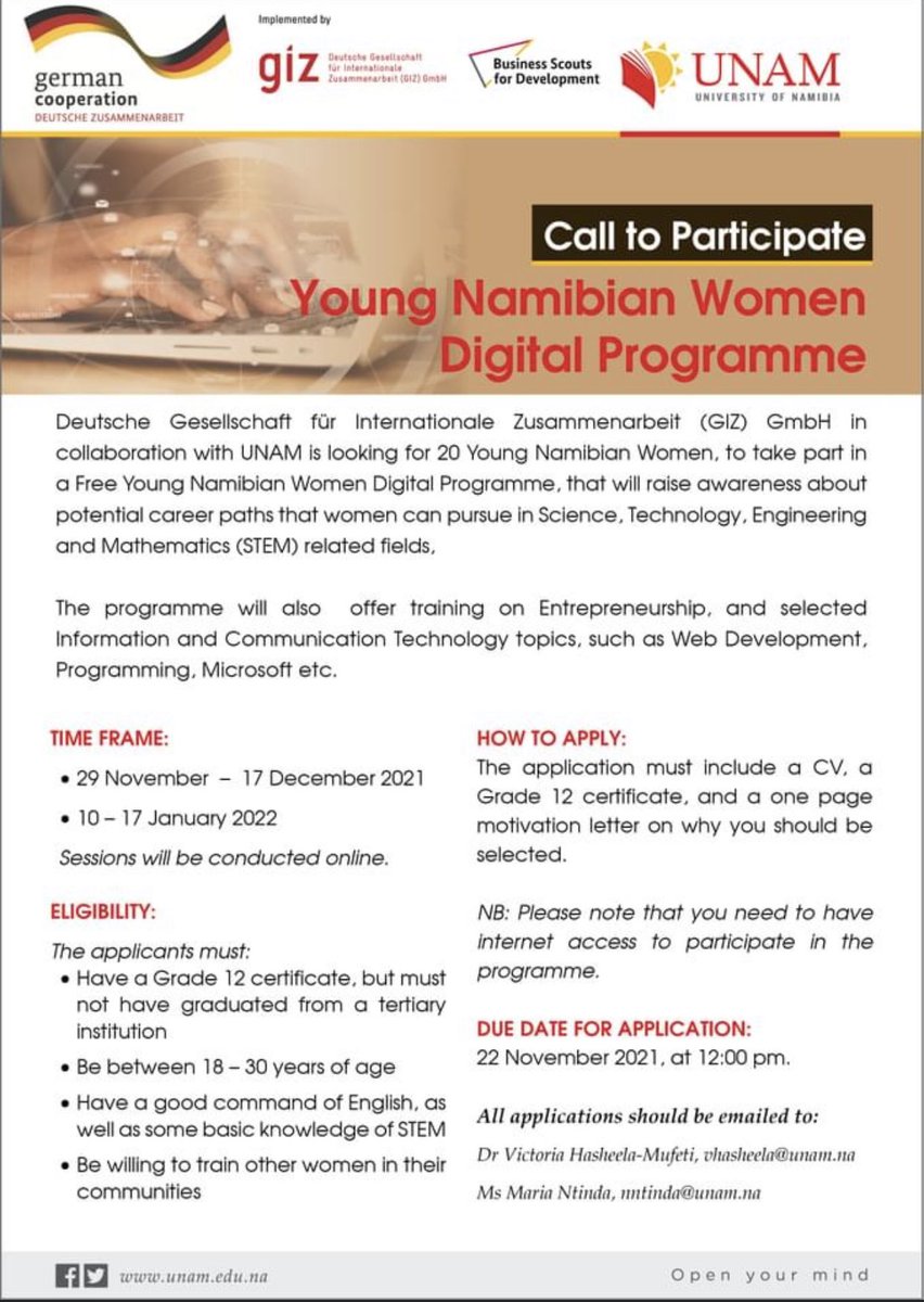 Together with University of Namibia (UNAM), GIZ #BusinessScouts for #Development programme is hosting the #Young #Women #Digital Programme (#YWDP). Interested young Namibian women are invited to apply until Monday, 22 November at noon.