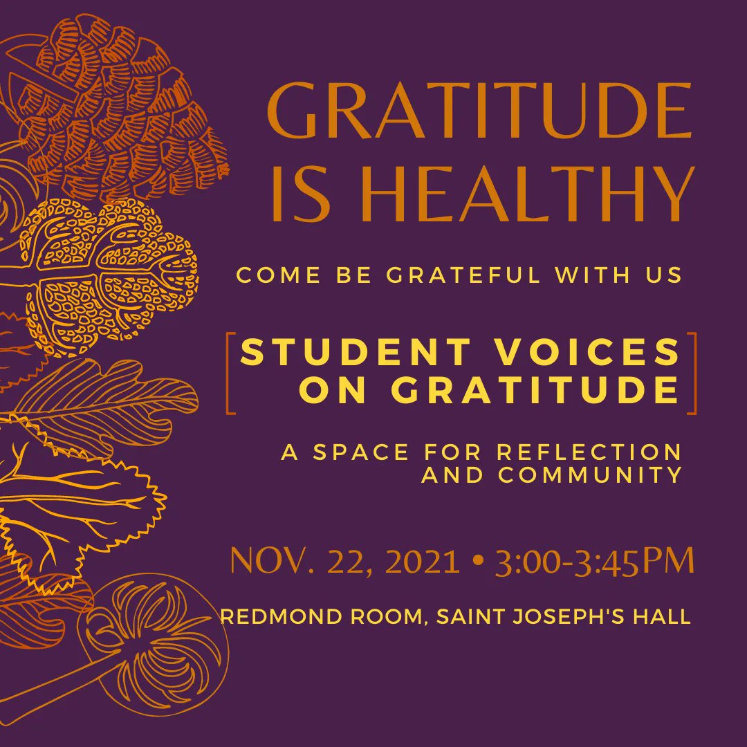 ChestnutHill's tweet photo. Kick-off the holiday by being grateful and reflective with Student Voices on Gratitude with Dr. LaKeisha Thorpe and Dr. Ryan Murphy.
When: Mon., 11/22 at 3-3:45 pm
Where: Redmond Room
#CHCEvent #PassportEvent #Thanksgiving https://t.co/LTm0sI3AEz