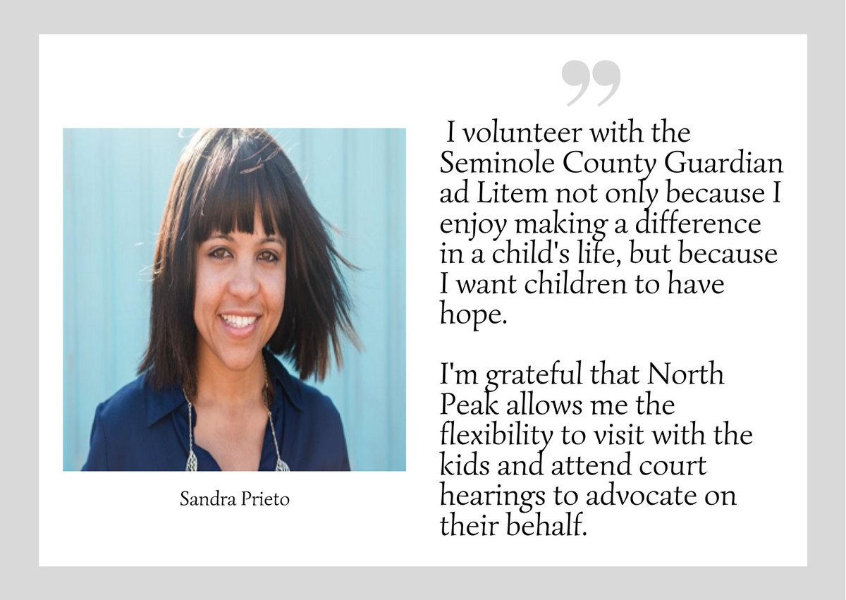 northpeaksol's tweet photo. Congratulations, @sprieto37 on your first work anniversary here at North Peak! We're delighted to have you, Sandra, and glad we can help support your community involvement with the Seminole County @FLGrdnAdLtm.

#Anniversary #community #volunteering #values #culture #GAL https://t.co/bQwKR79IrZ