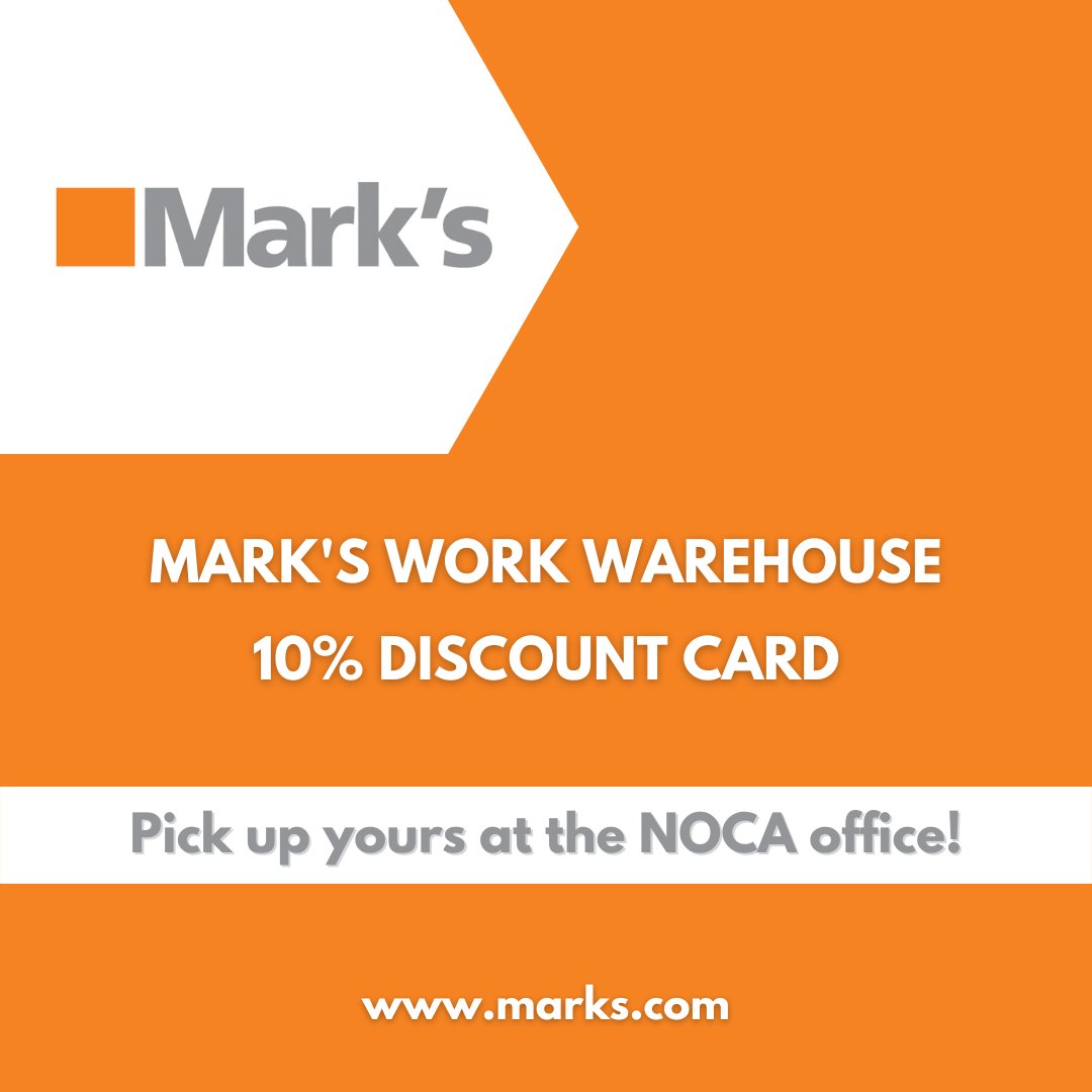 nocabuild's tweet photo. NOCA Affinity Partner Feature | @markscanada

NOCA Members and all of their employees have access to EXCLUSIVE discounts😱

Pick up your discount cards and save 10% at Mark's today! https://t.co/ncxJRtoftz