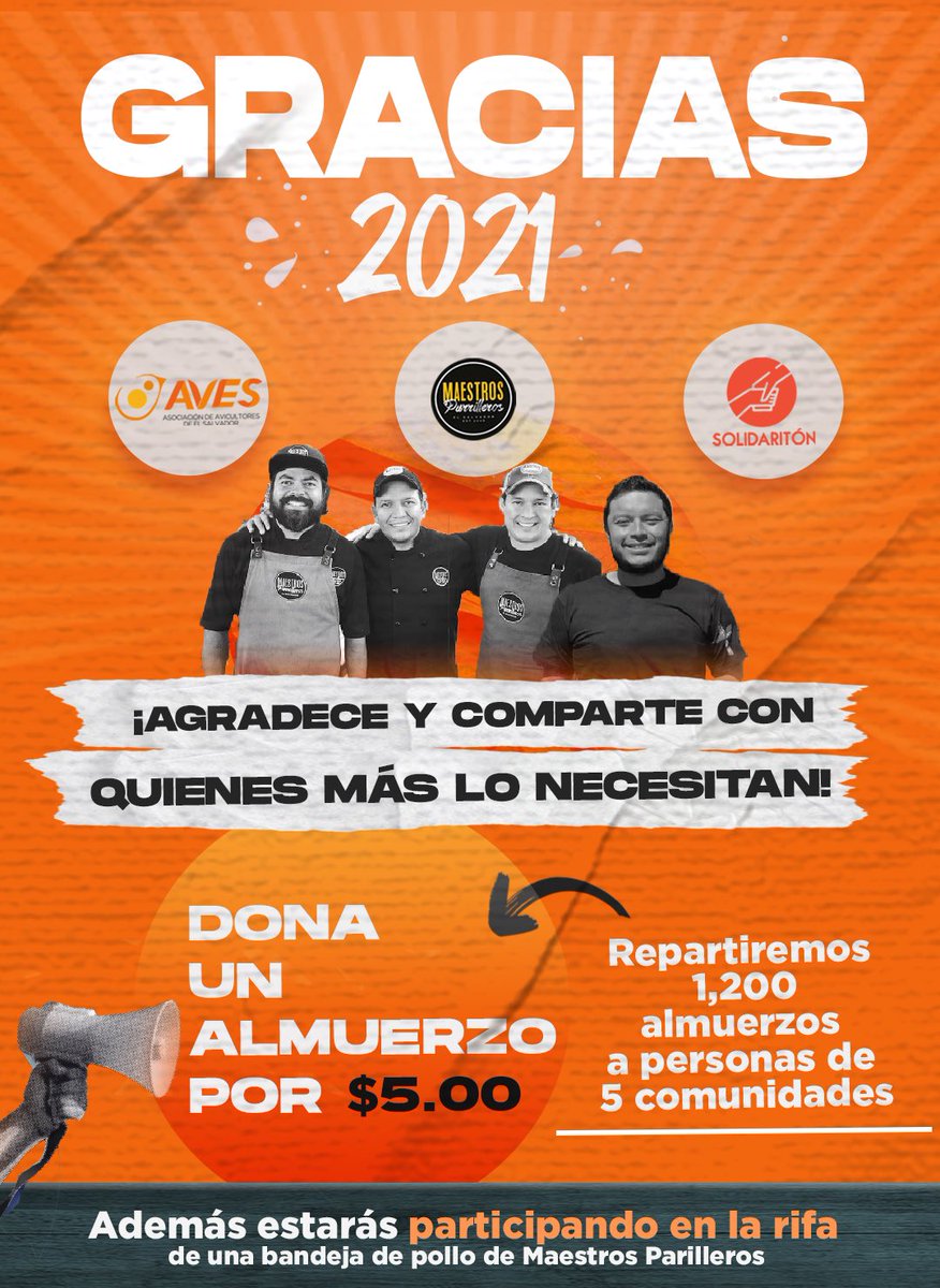 AVESELSALVADOR's tweet photo. Estamos muy felices porque celebramos Acción de Gracias con 5 comunidades será en conjunto a @solidariton Y MAESTROS PARRILLEROS y queremos que tu también seas parte de la celebración.

Ingresa a https://t.co/8PBvo9zz7g elige la cantidad de platos que deseas comprar y listo https://t.co/CazUOp7yiQ