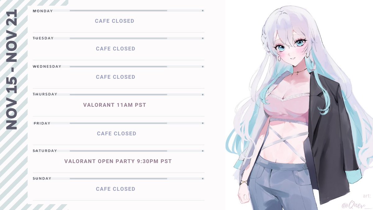 noemimoka's tweet photo. this week schedule ♡ 11/15 - 11/21

excited to play chamber! and more open party 

☕️https://t.co/roDsVLt3vL
🍵https://t.co/dI1CxMIBgX

#moemilive #ENVtuber #Vtuber https://t.co/JoAnk88alr
