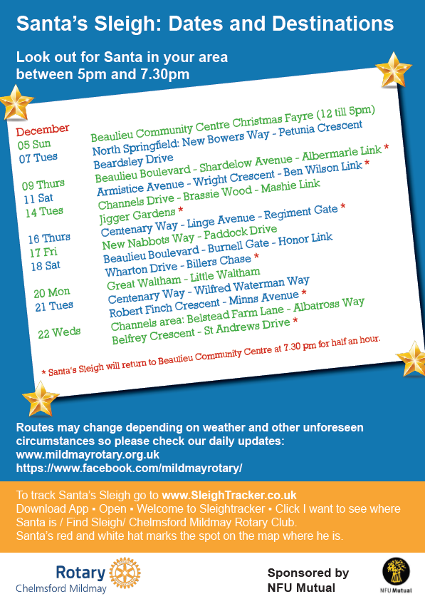 MildmayRotary's tweet photo. Dates for your diary if you live in North Springfield, Beaulieu,Channels,Great Waltham,Little Waltham when Santa’s Sleigh is coming your way. First stop @BeaulieuCentre Christmas Fayre 12-5 pm 05 December @BeaulieuCoffee @BeaulieuParkSch
@beaulieuessex #northspringfield @RIE1240 https://t.co/KBfaHg6Zqv