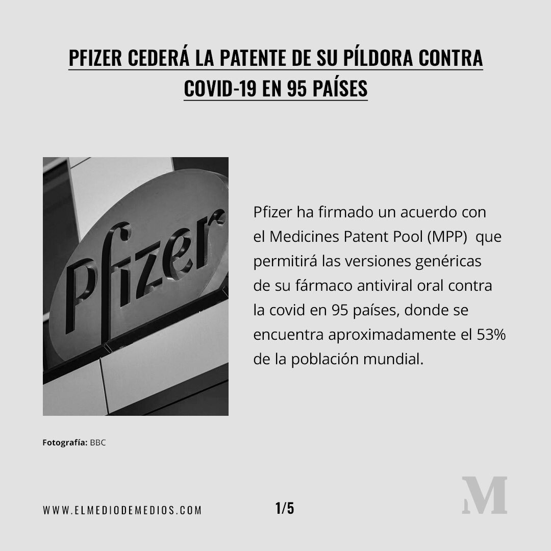 ElMedioDeMedios's tweet photo. De ser aprobada la fórmula de la píldora “Paxlovid” de Pfizer contra Covid-19 estará presente en 95 países, incluidos los de bajos ingresos. 
 
Suscríbete a nuestra Web App o boletines y mantente informado de esto y más.
 ➡️ https://t.co/IC2rz62Kqy https://t.co/rwRhzTcG2w