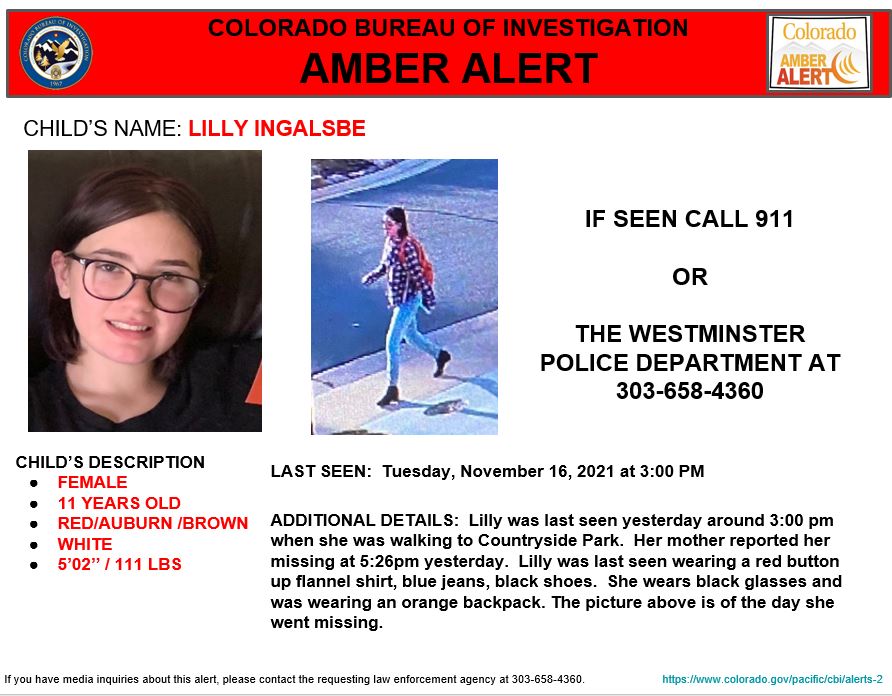 AnicaPadilla's tweet photo. 🚨 🚨 #AMBERAlert 🚨 🚨
11-year-old Lily Ingalsbe left her Westminster home Tuesday afternoon to go to Countryside Park -- and has not been heard from since.
Last seen wearing a red fleece and jeans with multi-color paint splatters.
MORE: https://t.co/eMj1qKfp7V #missinglily https://t.co/5c368C6PTw
