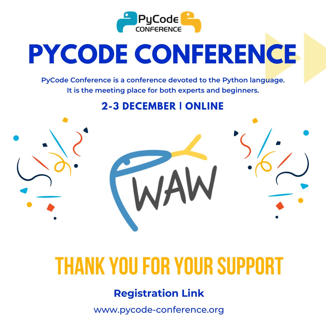 pycode_conf's tweet image. We are pleased to inform you that @PyWaw has become our Community Partner. Thank you for your support! #pywaw #python