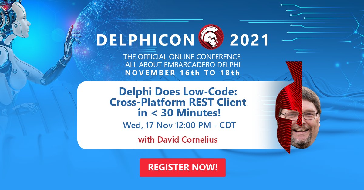 EmbarcaderoTech's tweet image. Coming up next on #DelphiCon2021: Join David Cornelius in this talk and learn how Delphi&apos;s modern #FireDAC &amp;amp; #REST components, combined with #LiveBindings and the FireMonkey framework, can help you build a usable mobile app with very little code. embt.co/3BljMLT