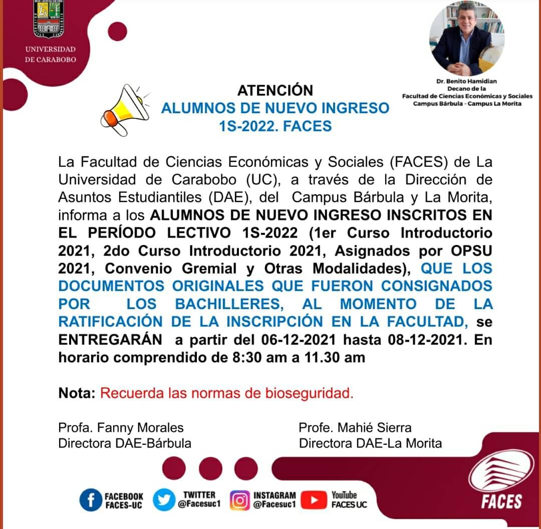 facesuc1's tweet photo. 🚨Atención🚨

Estudiantes Nuevo Ingreso inscritos en el 1S-2022, se informa que los documentos originales recibidos en la ratificación de su inscripción, serán entregados en ambos Campus desde el #6Diciembre al #8Diciembre de 8:30 am a 11:30 am 

Dr. Benito Hamidian
Decano https://t.co/IZgz1p9e5x