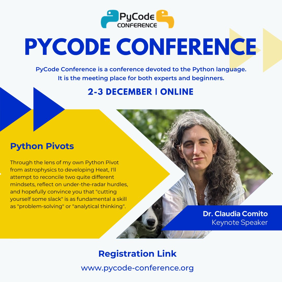 pycode_conf's tweet image. Great news! We proudly announce our next Keynote Speaker - dr. Claudia Comito with topic: Python Pivots
#python #pycode #pyconf #keynote #pythonpivots #community #pythonlearning
#pythonistas
#pythoncode