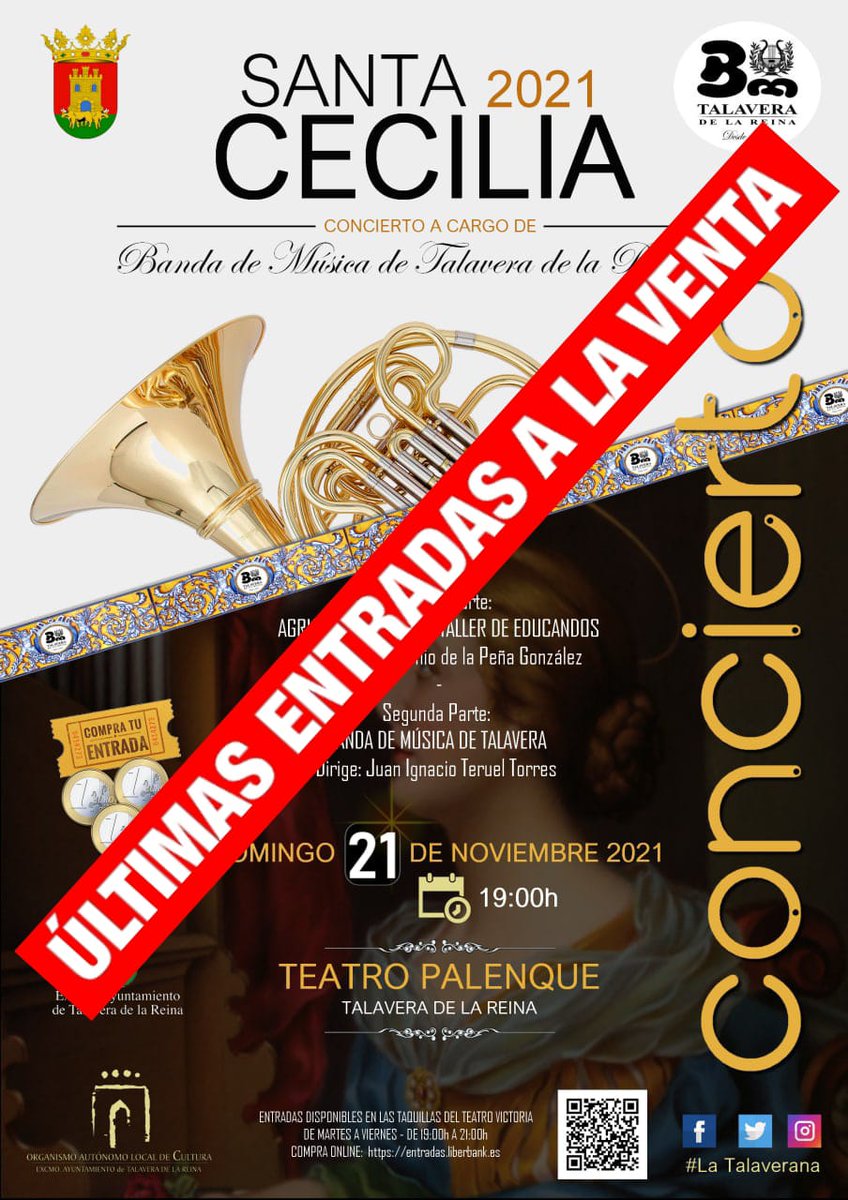 BandaMusicaTala's tweet photo. ¡¡ RECUERDA !! │ 🎵 CONCIERTO EXTRAORDINARIO │ SANTA CECILIA │ ¡¡ TE ESPERAMOS !!
⏰ Domingo, 21 de noviembre 2021 | 19:00 H
📌 Teatro PALENQUE - Precio único: 3€.

🎟 VENTA DE ENTRADAS 
https://t.co/z7w9xgAuRo...

#SomosLaBanda
#BandaMúsicaTalavera  #Desde1909 #LaTalaverana https://t.co/qvylILY3gC