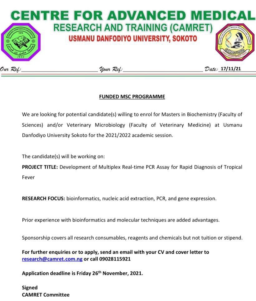 H3ABioNet's tweet photo. Opportunity alert 🚨 for a Open MSc Studentship with the deadline of 26 November 2021 to apply, more details below ⬇️ 
#Molecularbiology
#Geneexpression
#Tropicaldisease
#CAMRET https://t.co/OxMAWqzZ9q