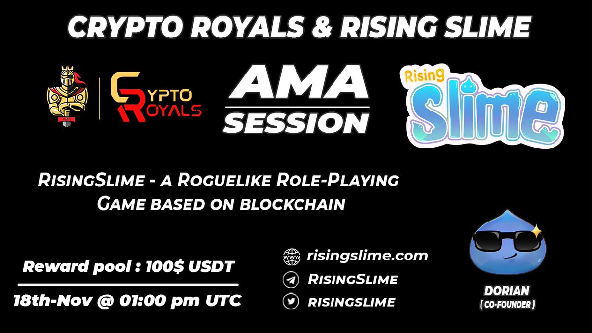 CryptoRoyals's tweet photo. Crypto Royals AMA Session with Rising Slime.

Prize: 100$ USDT
Date: November 18th,2021
Time: 1:00 PM UTC 
Venue: https://t.co/MvlI8utDI3

Rules:
Follow @risingslime and @CryptoRoyals

Like,Retweet and comment your questions (Tag 3 friends) 
Ask maximum 2 Questions https://t.co/URxMUHJbjF