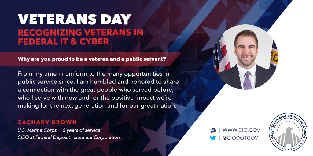 ciodotgov's tweet photo. Zachary Brown has held numerous cybersecurity positions across govt. Now, as the CISO at @FDICgov, Zachary actively makes a positive impact in the nation’s financial system for future generations. #VeteransInFedTech https://t.co/dl0EgODPsr