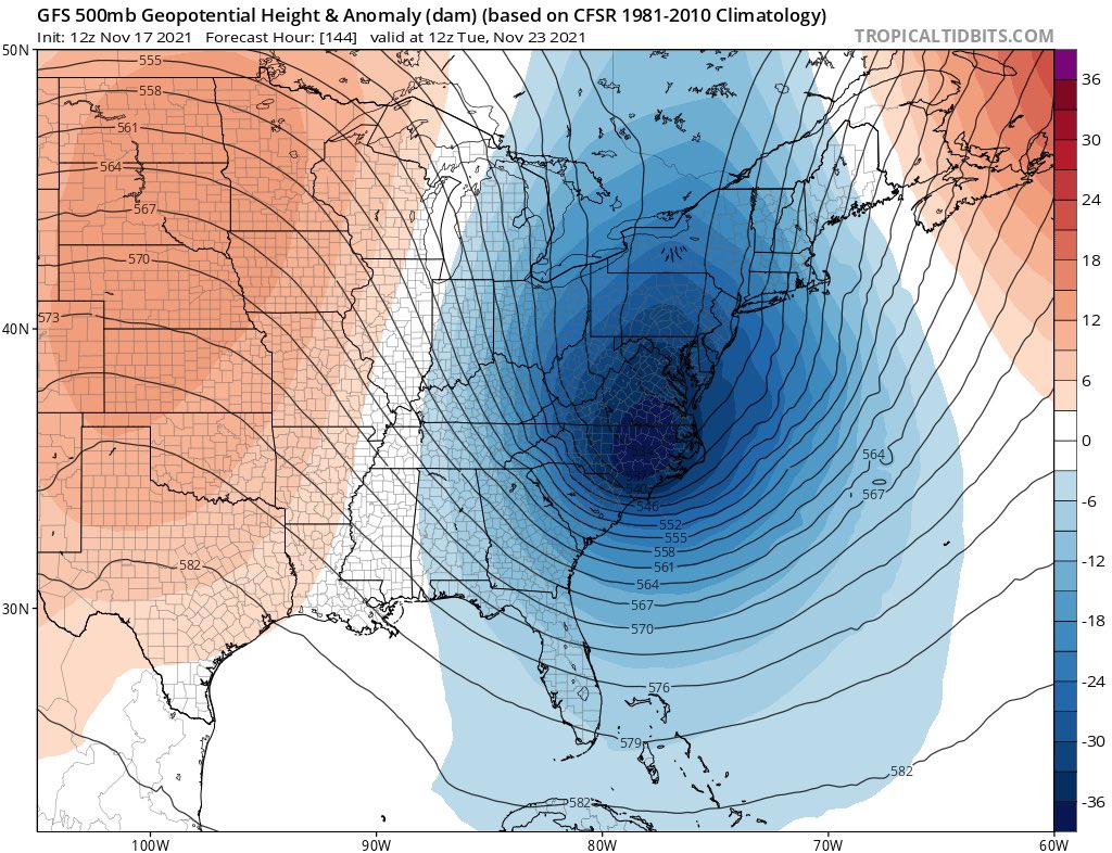 wx_julian807's tweet photo. For the past several days now, there has been pretty good consistency that a decent trough will move through the eastern U.S the first half of next week.

Considering the spread in models aside from the trough depiction, I would say it's too early to go into details. (1/2) https://t.co/n8gzYXc1QK