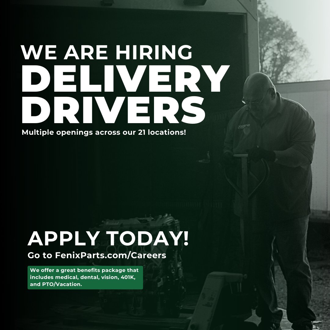 Fenix_Parts's tweet image. Our delivery drivers play a vital role in our company&apos;s success. Getting the purchased parts to the customer includes a daily schedule of reviewing daily paperwork, following route sheets, and making all the scheduled deliveries on time.

Apply today at Fenixparts.com/careers!