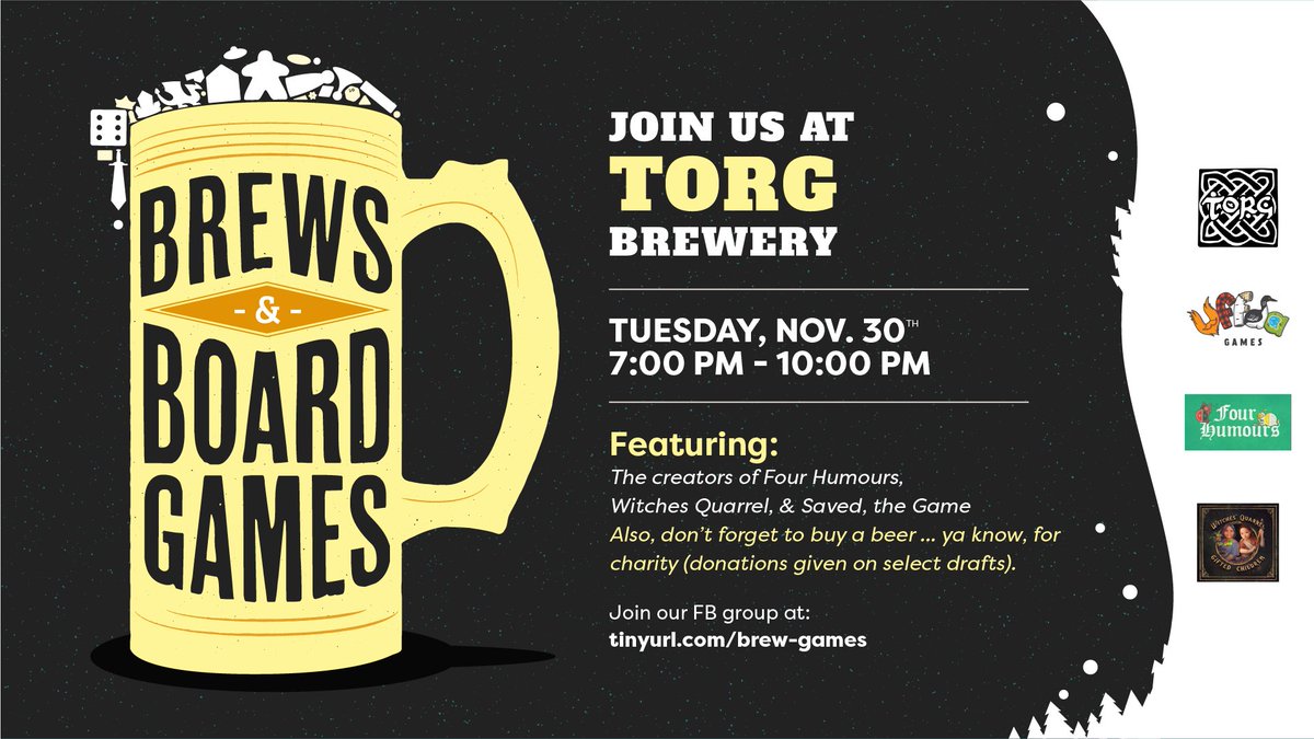 Come play games at Torg Brewery and grab a beer for charity (select taps) with your friends from B&amp;BG on Tuesday, Nov. 30th from 7 to 10pm.