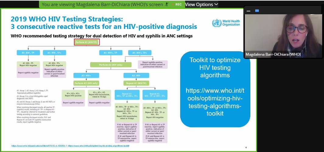 Maggie Barr-Dichiara sharing WHO guidance and priorities for affordable dual HIV/syphilis rapid tests for #EMTCT #test4HIV #ASLM2021