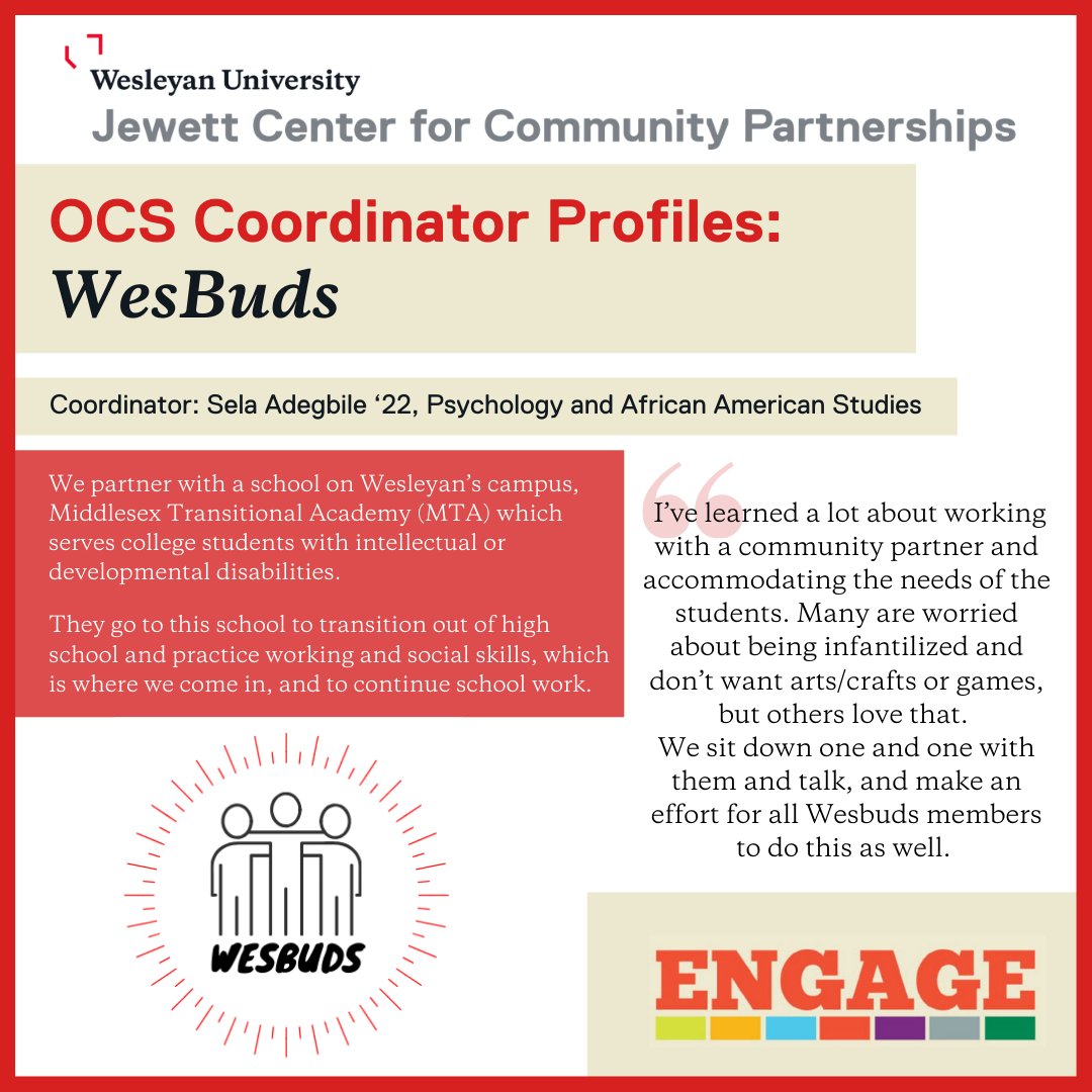 Wes_engage's tweet photo. OCS Coordinator Profiles: WesBuds
WesBuds partners with a school on Wesleyan’s campus, Middlesex Transitional Academy (MTA) which serves college students with intellectual or developmental disabilities. https://t.co/MObPgWePiD