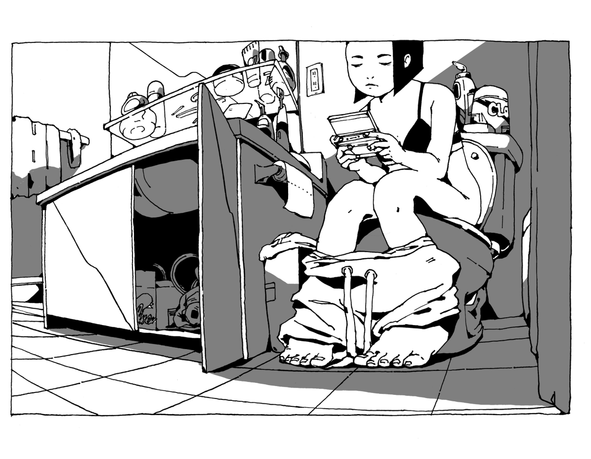 ah here's an old assignment from that visual storytelling class i took in college. i think the prompt here was something like drawing the same scene in two perspectives/views?