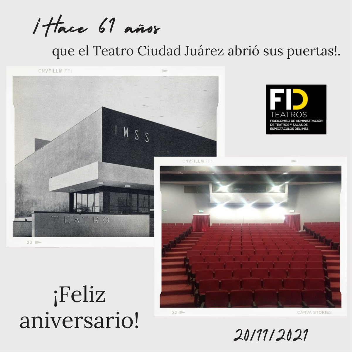 Fidteatros's tweet photo. Hoy en Ciudad Juárez estamos de manteles largos, el #TeatroCiudadJuárez del IMSS, cumple 61 años.
Su construcción inició en 1954 bajo la supervisión del arquitecto #AlejandroPrieto; fue inaugurado el 20 de noviembre de 1960.
#TeatroIMSS #Aniversario #CdJuárez #IMSSCultura https://t.co/w8yMcQYRQZ