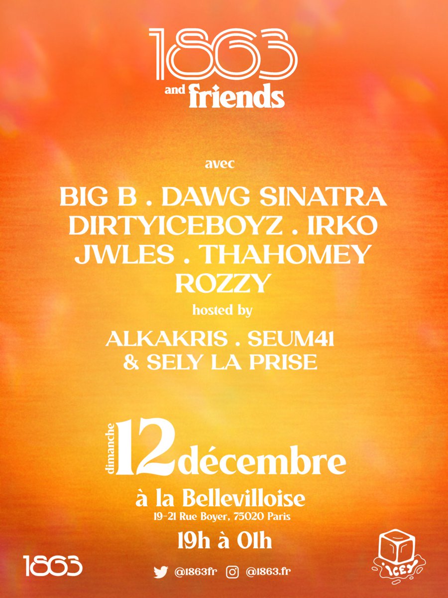 ‼️ 1863 &amp; Friends : Notre première soirée se déroulera le 12 décembre à La Belleviloise à Paris. 

On se retrouve pour une soirée DJ set avec guests : Dirtyiceboyz, ThaHomey, Jwles, Irko, Dawg Sinatra, Rozzy &amp; Big B. 

🎫 : web.digitick.com/1863-friends-c…