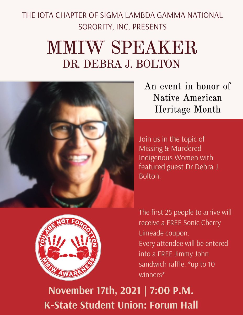 SLGIotaChapter's tweet image. Join us tonight for a special event in honor of Native American Heritage Month. We will have Dr. Debra Bolton speak on Missing and Murdered Ingenious Women. Event will take place in ￼the Student Union, ground floor in Forum Hall starting at 7PM