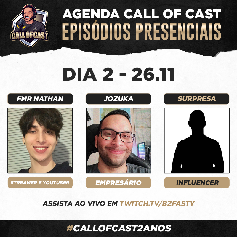 CallofCast's tweet photo. Confira alguns convidados que marcaram presença no #CALLOFCAST2ANOS 

📆25/11: @Dubblez_, FelipeBrasilGame e @FunkyBlackCat 
📆26/11: @FMRNathan, @bZJozuka e convidado surpresa

Marque na sua agenda e venha fazer parte deste evento histórico 🔥 https://t.co/fvg7e20bBf