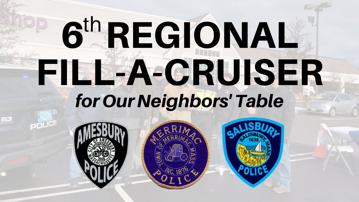 Our regional food drive to benefit the Market at 
<a href="/RNeighborsTable/">Our Neighbors' Table</a> is coming up this Saturday, November 20, 2021 between 8:00 am and 2:00 pm in the parking lot of the Stop &amp; Shop, 100 Macy Street (Route 110). <a href="/SalisburyPolice/">Salisbury Police</a> <a href="/MerrimacPolice/">Merrimac Police Dept</a>