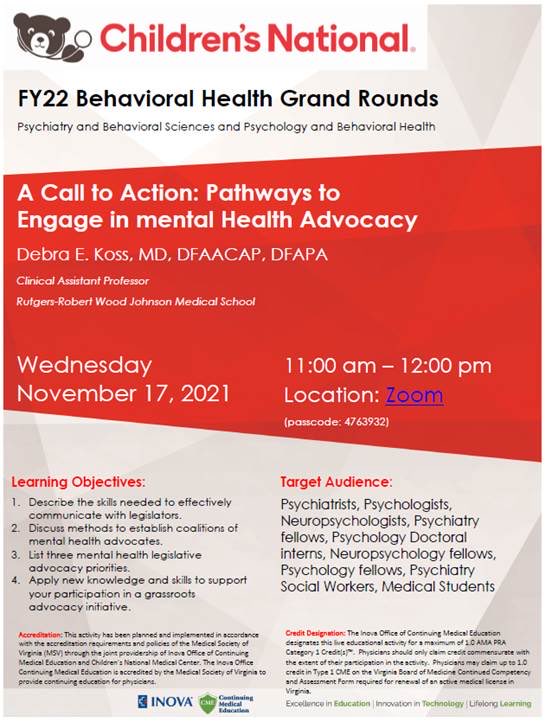 DrDebKoss's tweet photo. Excited to speak with colleagues at Children’s National about the importance of engaging in #mentalhealth advocacy. We must call on policy makers to address the National Emergency in Child and Adolescent Mental Health.  ⁦@AACAP⁩ ⁦⁦⁦⁦⁦@ChildrensNatl⁩ https://t.co/QPDceuC8CB