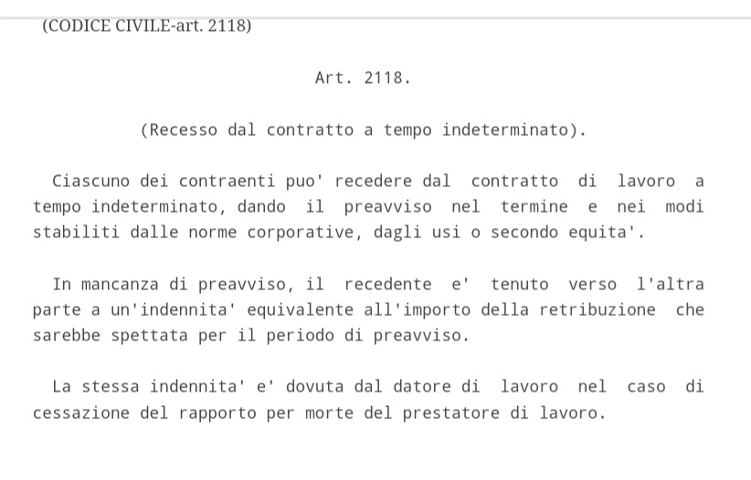 Loriz_Zonte's tweet photo. Articolo 2118 del codice civile. 
Stabilisce il recesso libero, ovvero senza giustificato motivo -> "AD NUTUM".
Questo tipo di recesso prevede comunque il preavviso con tempistiche determinate dal CCNL di riferimento.
#IRL2021 https://t.co/fkmICXYV2P