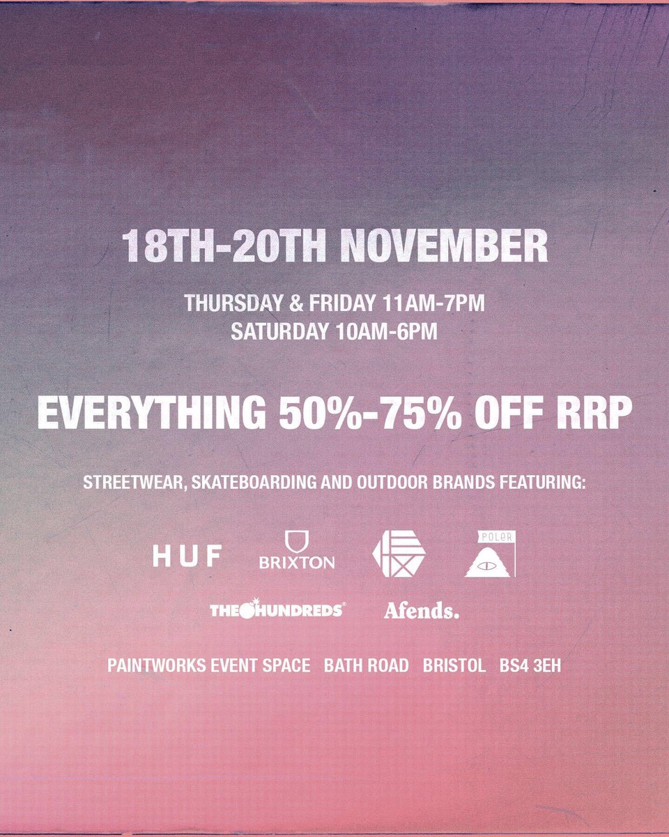 The Chimp Store x Out Of Step Sample Sale comes to Bristol at the Paintworks Event Space, Thursday 18th - Saturday 20th November. With 50-75% off all brands, this one's not to be missed. <a href="/paintworks_/">Paintworks</a> <a href="/paintworksevent/">paintworks events</a> #samplesale