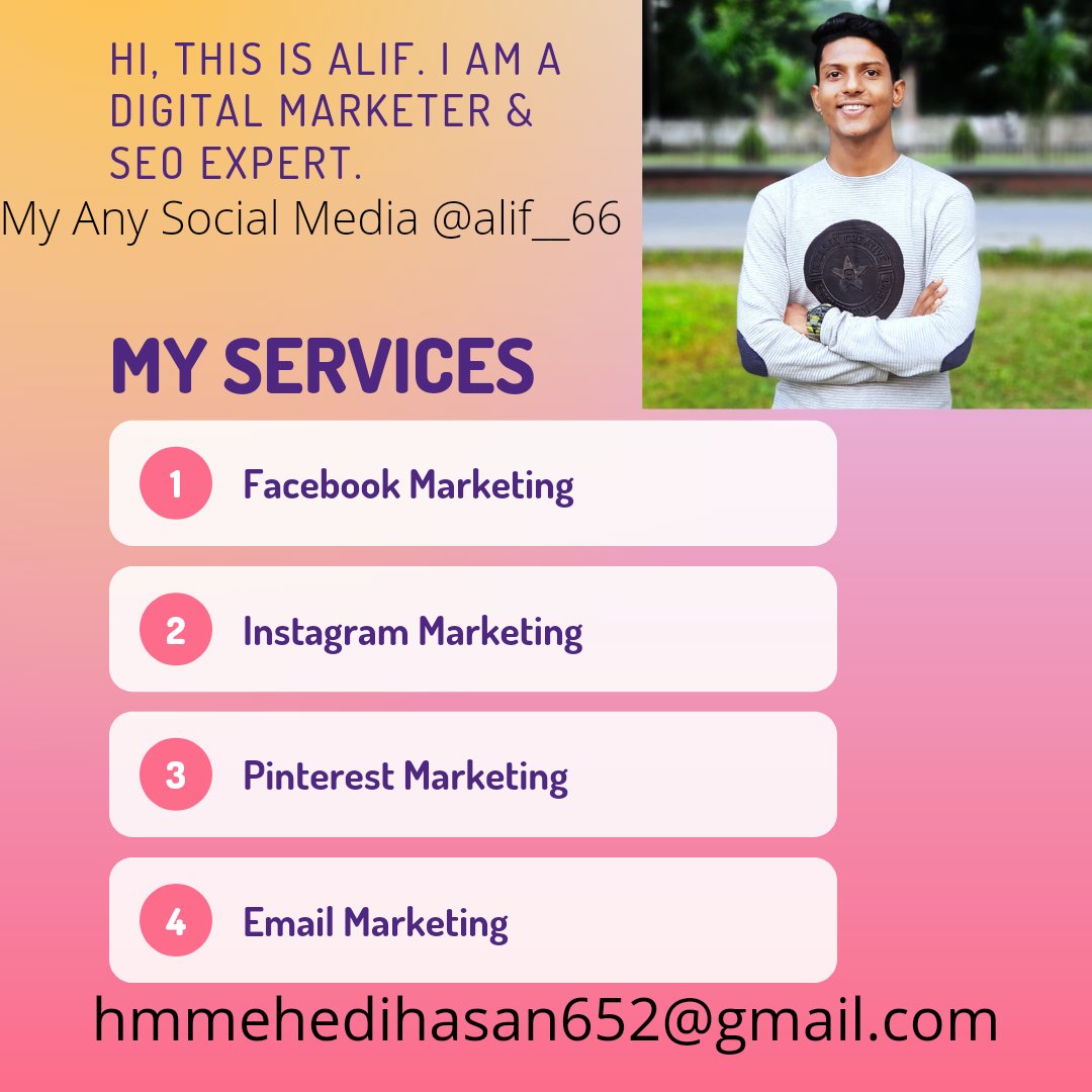 alif__66's tweet photo. I'm professional Digital Marketer &amp; SEO Expert. 👨‍💻
My servers:-
• Facebook ads
• Facebook ad manager 
• Facebook pixel setup 
• Instagram marketing 
• Pinterest marketing 
• Email marketing 

#Digital_Service #DigitalMarketing
#digitalmarketer @alif__66 🥰 https://t.co/ehxl9OXTHS