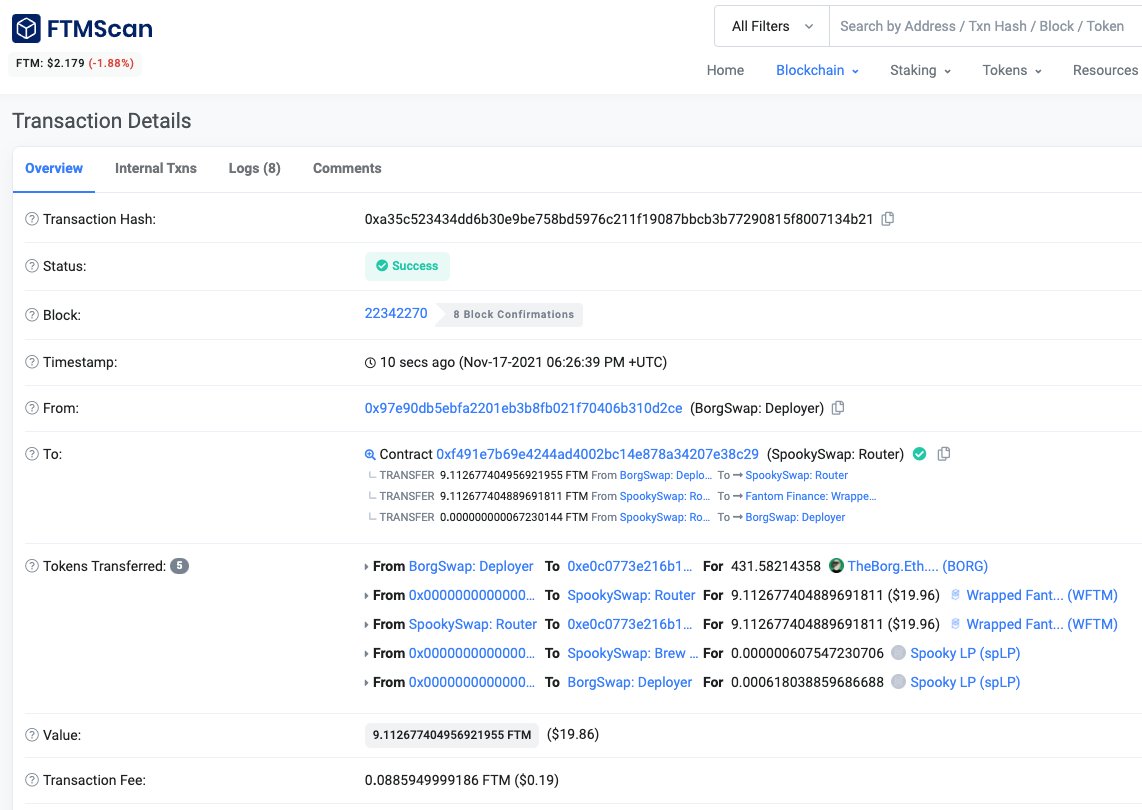 BORGSWAP.Exchange - $BORG Liquidity Injection:
* All $FTM harvest fees accumulated from the #Fantom Auto-Assimilator (assimilate.borgswap.exchange) added to <a href="/SpookySwap/">SpookySwap💥</a> in the $BORG x $FTM pair.

(TXID - ftmscan.com/tx/0xa35c52343…)