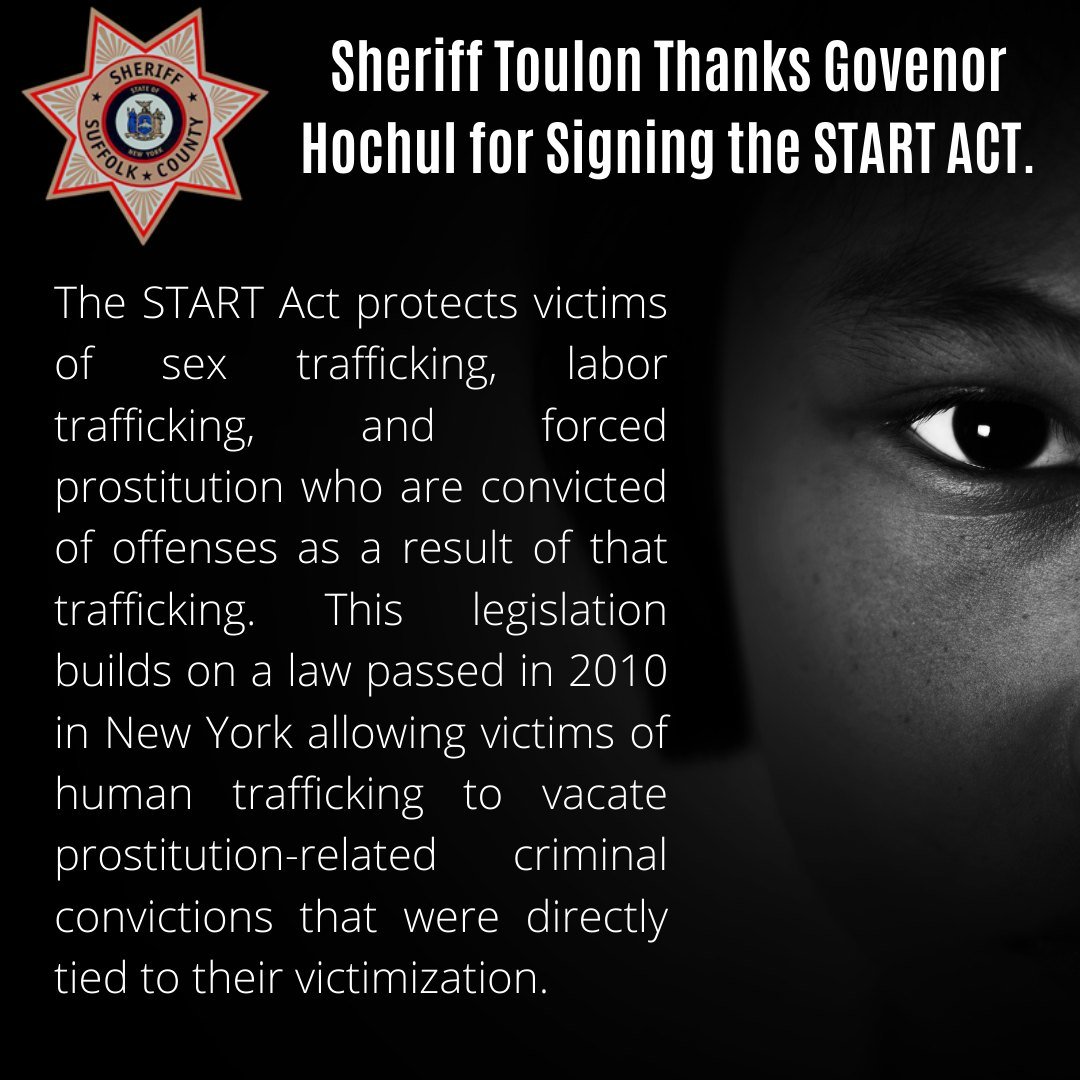 Suffolk_Sheriff's tweet photo. 1/2: Sheriff Toulon wishes to thank NY @GovKathyHochul for her support of the START ACT, which will help crime victims reclaim their lives. Sheriff Toulon has made combatting human trafficking a priority of his Administration. https://t.co/o4ZKE8KJqy
