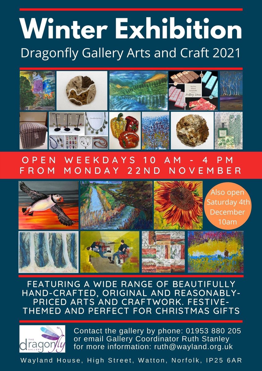 WaylandGallery's tweet photo. We are excited to announce that our Christmas Show at the Dragonfly Gallery in Watton opens this Monday 22nd November at 10 am &amp; will be open weekdays 10 - 4 pm, as well as Saturday 4th December. Lots of festive-themed gifts perfect for Christmas, come take a look! #art #artshow https://t.co/DKrzot9w5j