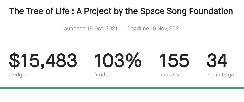 SpaceSongFound's tweet photo. FUNDED! Thanks to all our supporters! We are so excited to bring the Tree of Life project to you! 34 hours left on this great platform to share the story and build the team. Let's celebrate! https://t.co/Pv9GtUdu3i https://t.co/kMej9Nn7pu