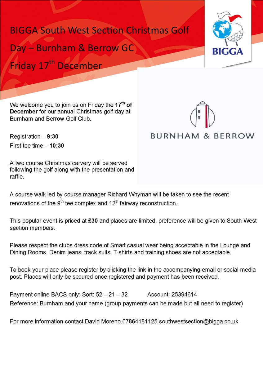Christmas Golf Day - Friday 17th December 
Burnham and Berrow Golf Club

Registration - 9:30 first tee - 10:30. Course walk led by Course Manager Richard Whyman. 2 course carvery, presentation and raffle.

Price £30 and places are limited.

Register - forms.gle/YrBLeKV6SxScwp…