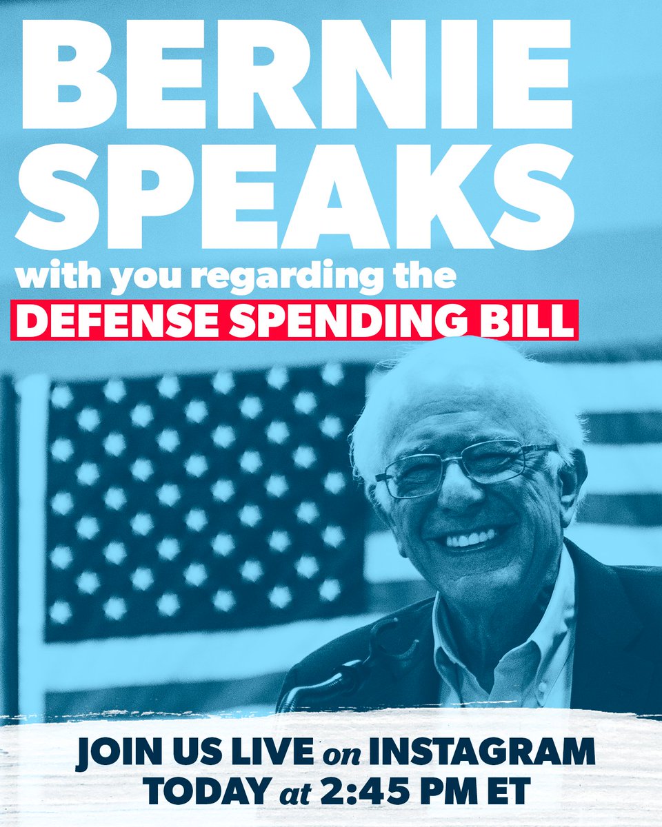 BernieSanders's tweet photo. Why are my colleagues SOOOO concerned with the deficit when it comes to addressing the needs of working people — but when we're talking about an annual defense budget of $778 BILLION, those concerns just melt away?

Join me on Instagram at 2:45 PM ET to discuss why I'm voting NO. https://t.co/POqTY9ogxi