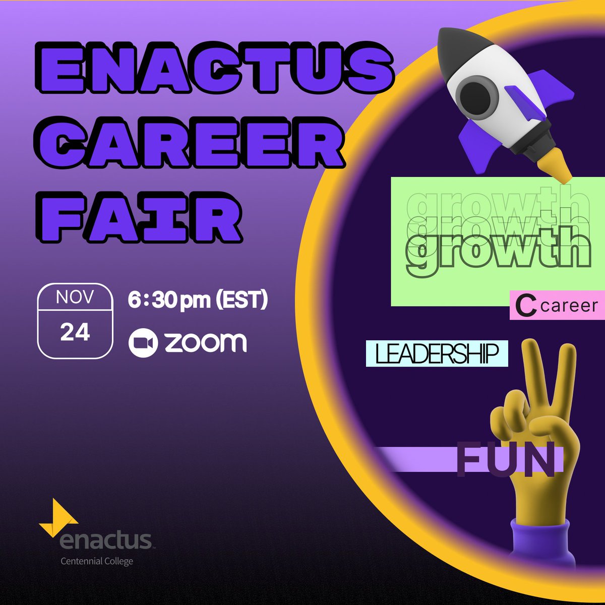 On November 24th, at 6:30 pm (EST) on Zoom, we’ll host our first Enactus Centennial #CareerFair. 
Come if you're:
- interested in #volunteering
- passionate about #leadership and #socialentrepreneurship
- want to build your professional network
Join here:👉bit.ly/3FlJv9v