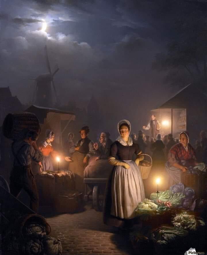 Painting by : Petrus van Schendel (The Netherlands, 1806-1870) - "Night Market"