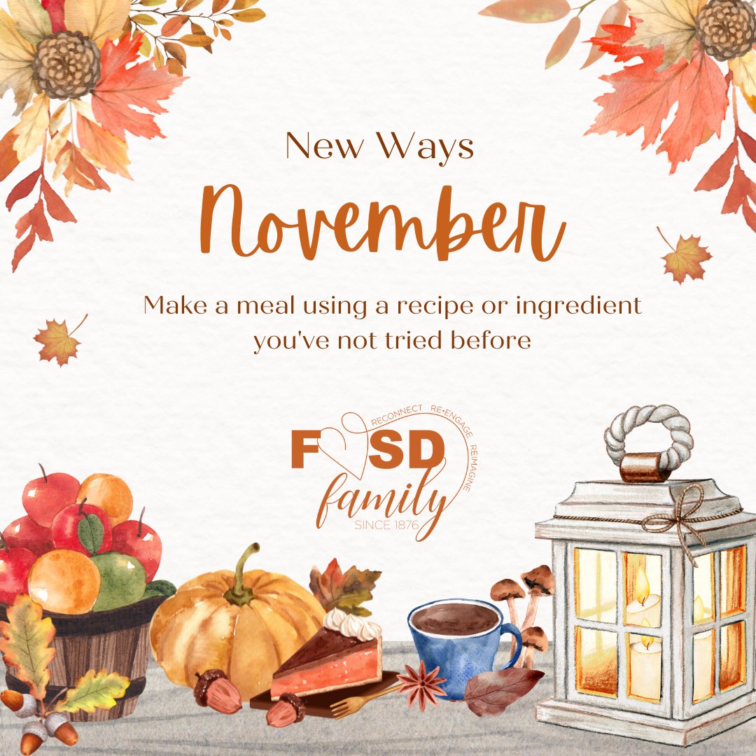 TamuraTigers's tweet photo. One of the items on our Action for Happiness Calendar for New Ways November is to make a meal using a recipe or ingredient you've never tried before.  Cooking together can also help develop patience, connection, and mindfulness in kids and adults. https://t.co/eJTm50EsxR