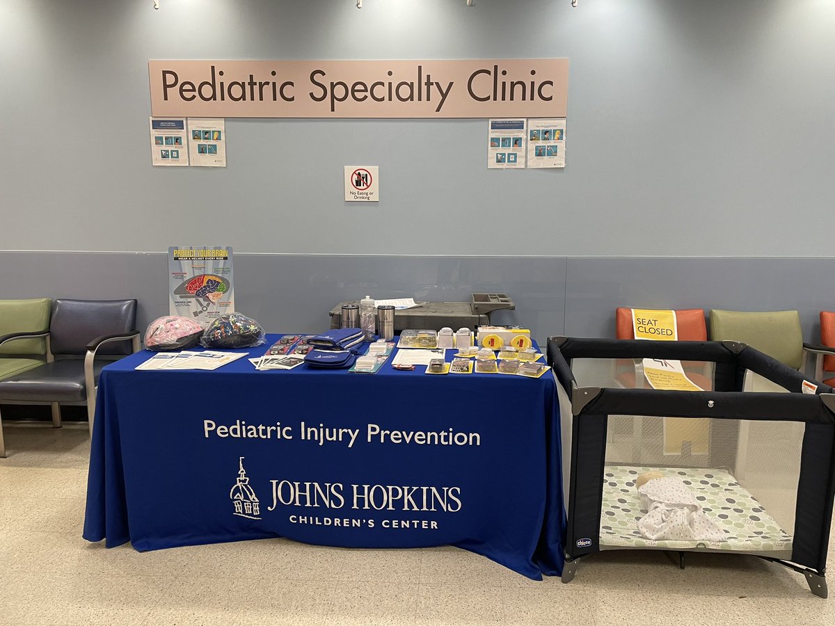 JHCCTraumaBurn's tweet photo. We’re over in @HopkinsKids Pediatric Specialty Clinic handing out home safety products, helmets, and tips to keep your children safe at home, all for National Injury Prevention Day.  #BeInjuryFree https://t.co/KI64Tyhxmr