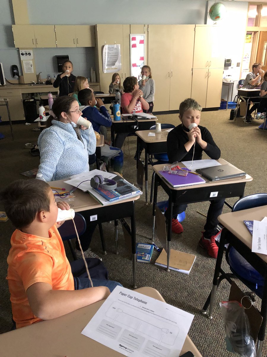 Fourth graders experimented with sound energy as they created telephones. <a href="/TH_Principal/">Mrs. Dana Barker</a> #LCTitanhill