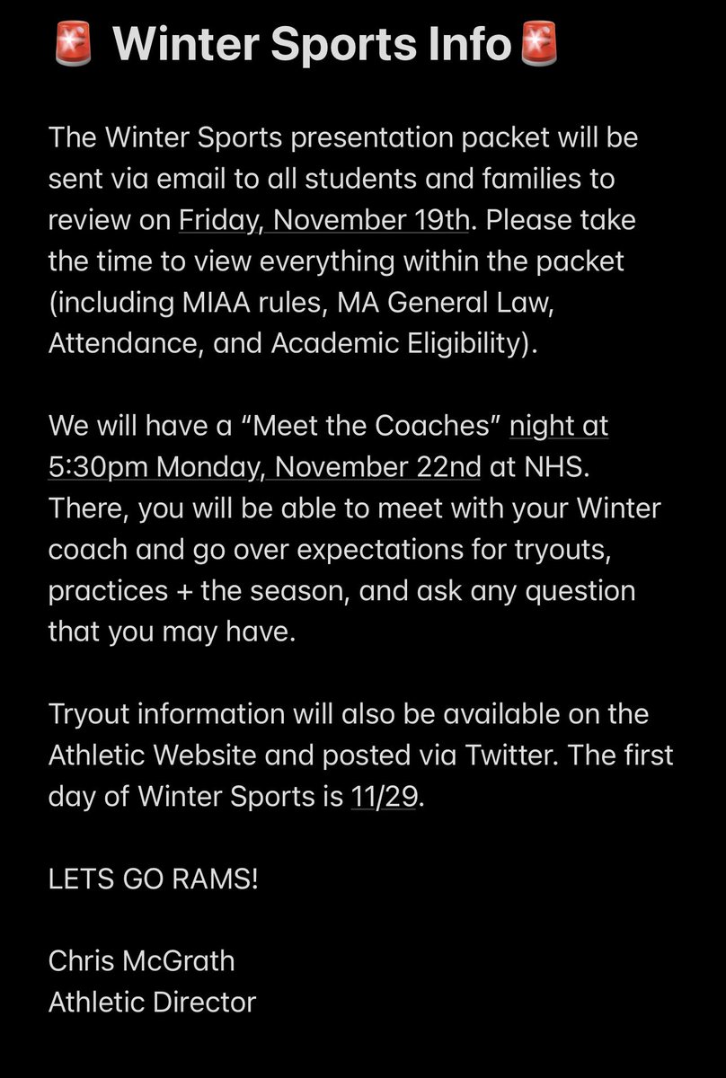 Winter Sports Info! ⬇️ 

- Information will be sent out 11/19
- Meet the Coaches Night 11/22 (5:30pm)
<a href="/NHS_RamsBB/">NHS Basketball</a> @LadyRams_Hoop <a href="/NBRamsPuck/">NorthbridgeHSHockey</a>