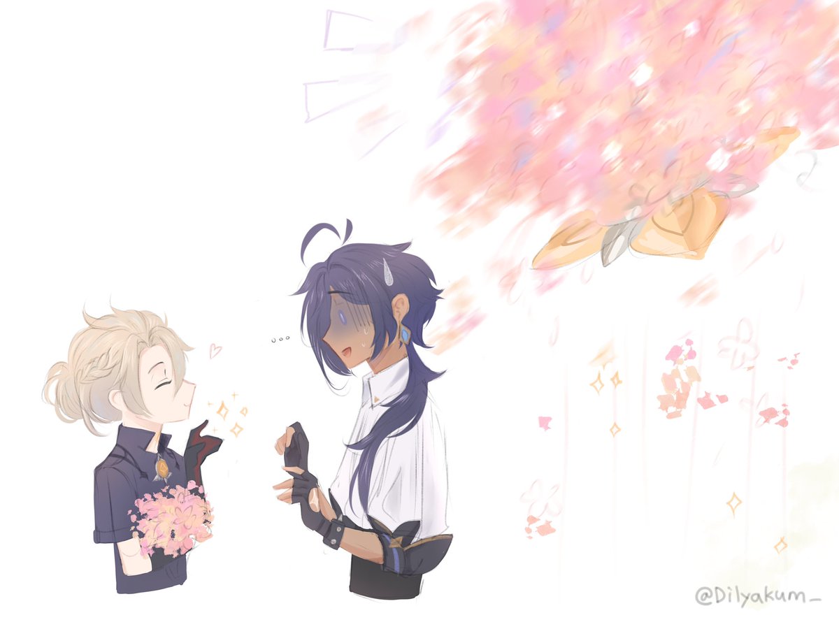 idk_dilyakum's tweet photo. This event is fucking cute!! And inspired by one moment from the game, I couldn't help but draw these two 💘 #Kaebedo #Каебедо #kaeya #Albedo https://t.co/N45Amwur6G