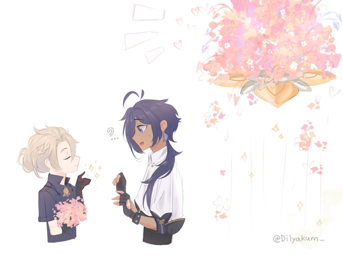 idk_dilyakum's tweet photo. This event is fucking cute!! And inspired by one moment from the game, I couldn't help but draw these two 💘 #Kaebedo #Каебедо #kaeya #Albedo https://t.co/N45Amwur6G